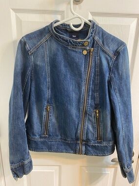 Gap 1969 Denim Moto Cross Zip Dark Indigo Blue Women’s Jacket Size Large Spring